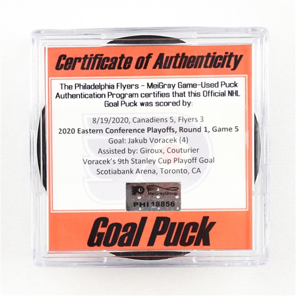 Jakub Voracek - Flyers - Goal Puck - Aug. 19, 2020 vs. Canadiens (Flyers Logo) - 2020 Stanley Cup Playoffs - Round 1, Game 5