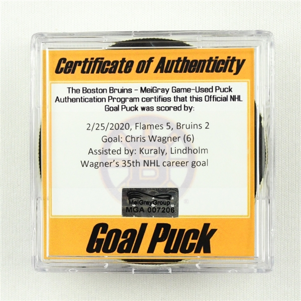 Chris Wagner - Boston Bruins - Goal Puck - February 25, 2020 vs. Calgary Flames (Bruins Logo)