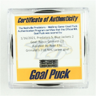 Rocco Grimaldi - Nashville Predators - Goal Puck - (Rare TRACKING PUCK) January 16, 2021 vs. Columbus Blue Jackets (NHL Logo)