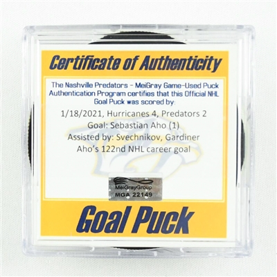 Sebastian Aho - Hurricanes - Goal Puck - (Rare TRACKING PUCK) January 18, 2021 vs. Nashville Predators (NHL Logo)