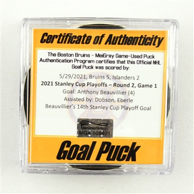 Anthony Beauvillier - Islanders - Goal Puck - May 29, 2021 vs. Bruins (Bruins Logo) - 2021 Stanley Cup Playoffs, Round 2, Game 1