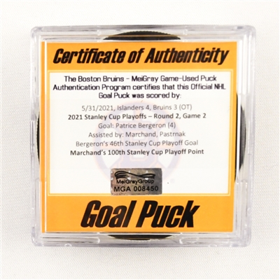 Patrice Bergeron - Bruins - Goal Puck - May 31, 2021 vs. Islanders (Bruins Logo) - 2021 Stanley Cup Playoffs - Round 2, Game 2