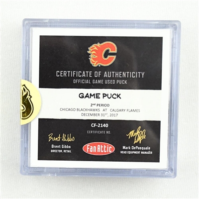 Calgary Flames - Game Puck - December 31, 2017 vs. Chicago Blackhawks (Flames Logo) - Jaromir Jagrs Final NHL Career Game