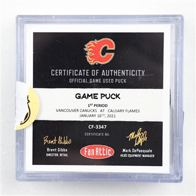 Calgary Flames - Game Puck - (Rare TRACKING PUCK) Jan.16, 2021 vs. Vancouver Canucks - Markstroms 6th NHL Career Shutout (NHL Logo)
