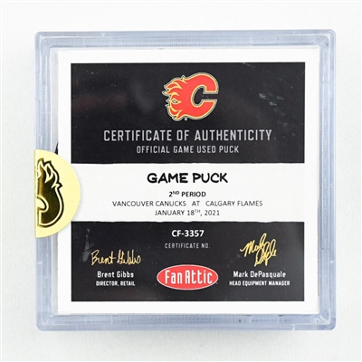 Calgary Flames - Game Puck - (Rare TRACKING PUCK) January 18, 2021 vs. Vancouver Canucks (NHL Logo)