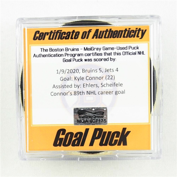Kyle Connor - Winnipeg Jets - Goal Puck - January 9, 2020 vs. Boston Bruins (Bruins Logo)