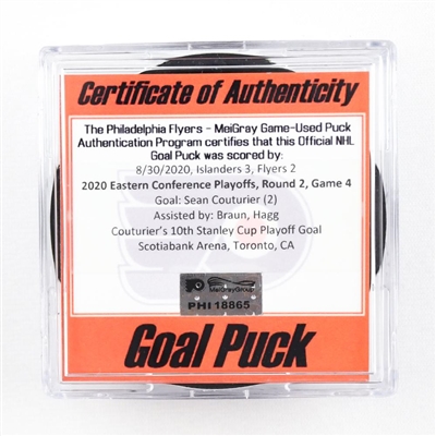 Sean Couturier - Flyers - Goal Puck - Aug. 30, 2020 vs. Islanders (Islanders Logo) - 2020 Stanley Cup Playoffs - Round 2, Game 4
