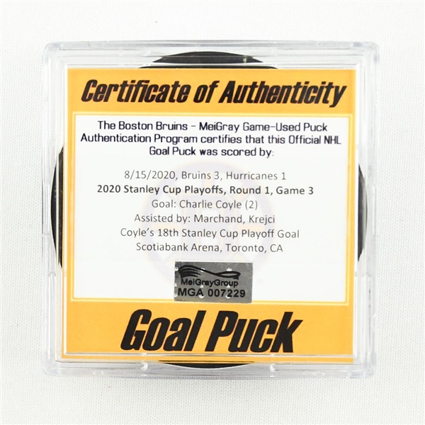 Charlie Coyle - Bruins - Goal Puck - August 15, 2020 vs. Carolina Hurricanes (Hurricanes Logo) - 2020 Stanley Cup Playoffs - Round 1, Game 3