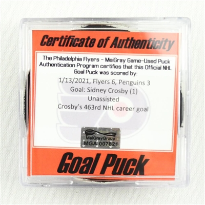 Sidney Crosby - Pittsburgh Penguins - Goal Puck - (Rare TRACKING PUCK) January 13, 2021 vs. Philadelphia Flyers (NHL Logo)