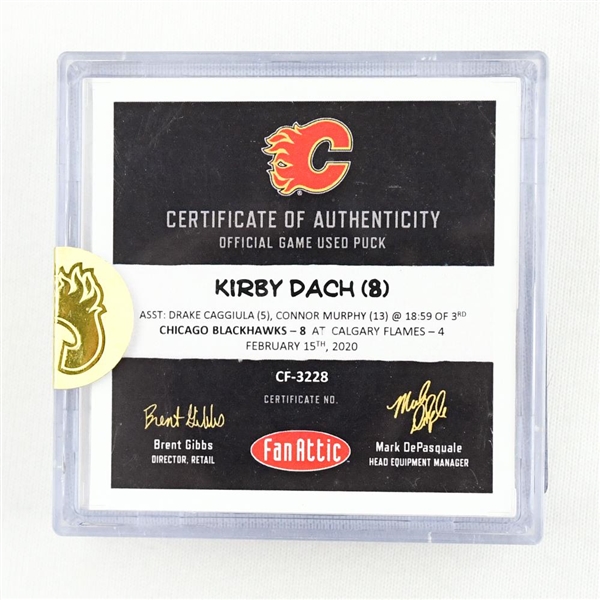 Kirby Dach - Chicago Blackhawks - Goal Puck - February 15, 2020 vs. Calgary Flames (Flames Logo)
