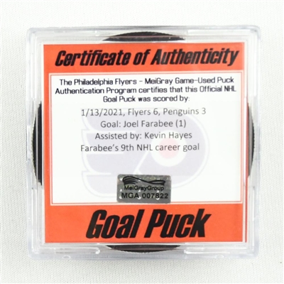 Joel Farabee - Philadelphia Flyers - Goal Puck - (Rare TRACKING PUCK) January 13, 2021 vs. Pittsburgh Penguins (NHL Logo)