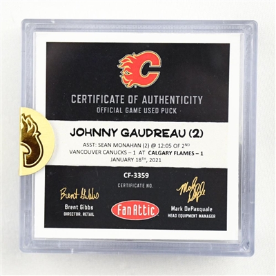Johnny Gaudreau - Calgray Flames - Goal Puck - (Rare TRACKING PUCK) January 18, 2021 vs. Vancouver Canucks (NHL Logo)