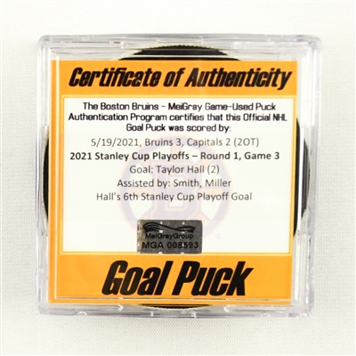 Taylor Hall - Bruins - Goal Puck - May 19, 2021 vs. Capitals (Bruins Logo) - 2021 Stanley Cup Playoffs, Round 1, Game 3