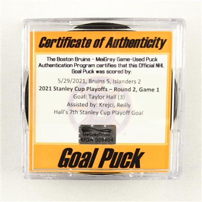 Taylor Hall - Bruins - Goal Puck - May 29, 2021 vs. Islanders (Bruins Logo) - 2021 Stanley Cup Playoffs, Round 2, Game 1