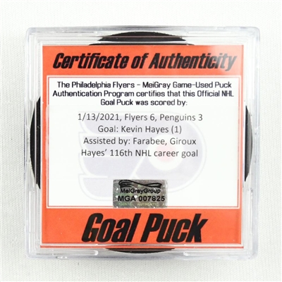Kevin Hayes - Philadelphia Flyers - Goal Puck - (Rare TRACKING PUCK) January 13, 2021 vs. Pittsburgh Penguins (NHL Logo)