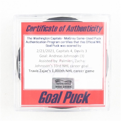 Andreas Johnsson - Devils - Goal Puck - Feb. 21, 2021 vs. Capitals (Capitals Logo) - Travis Zajacs 1,000th NHL Career Game