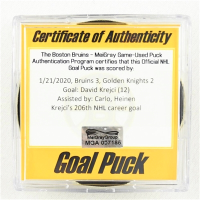 David Krejci - Bruins - Goal Puck - January 21, 2020 vs. Vegas Golden Knights (Bruins Logo)