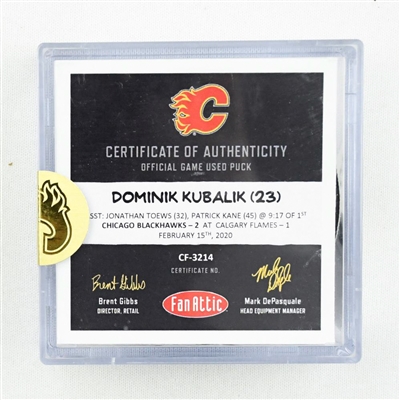 Dominik Kubalik - Blackhawks - Goal Puck - February 15, 2020 vs. Calgary Flames (Flames Logo)