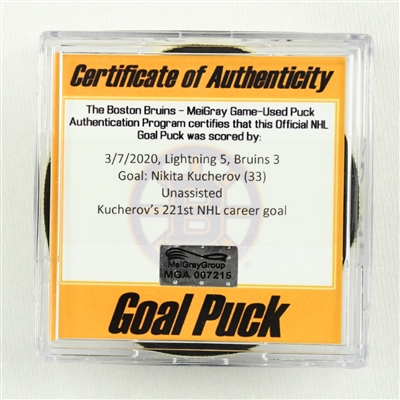 Nikita Kucherov - Lightning - Goal Puck - March 7, 2020 vs.Boston Bruins (Bruins Logo)