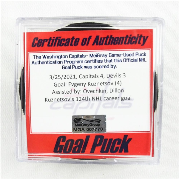 Evgeny Kuznetsov - Washington Capitals - Goal Puck - March 25, 2021 vs. New Jersey Devils (Capitals Logo)