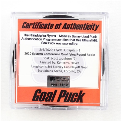 Scott Laughton - Flyers - Goal Puck - Aug. 6, 2020 vs. Capitals (Flyers Logo) - 2020 Eastern Conf. Qualifying Round Robin