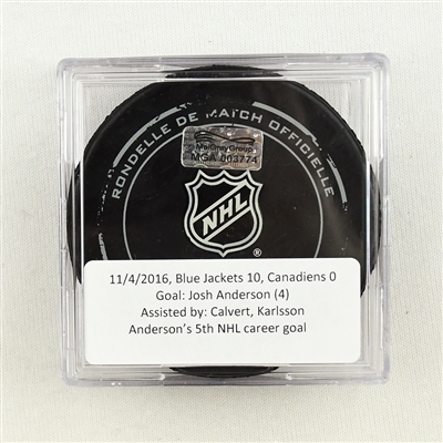 Josh Anderson - Goal Puck - 10-0 Win -  Nov. 4, 2016 vs. Montreal Canadiens (Blue Jackets Logo)