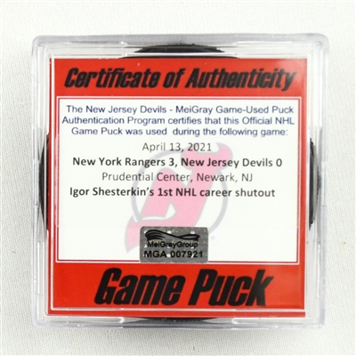 New Jersey Devils - Game Puck - April 13, 2021 vs. New York Rangers (Devils Logo) - Igor Shesterkin 1st Career Shutout