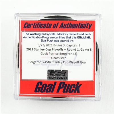 Patrice Bergeron - Bruins - Goal Puck - May 23, 2021 vs. Capitals (Capitals Logo) - 2021 Stanley Cup Playoffs - Round 1, Game 5