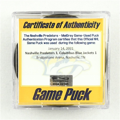 Nashville Predators - Game Puck - (Rare TRACKING PUCK) January 14, 2021 vs. Columbus Blue Jackets (NHL Logo)