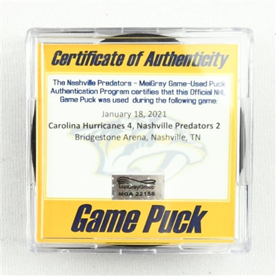 Nashville Predators - Game Puck - (Rare TRACKING PUCK) January 18, 2021 vs. Carolina Hurricanes (NHL Logo)