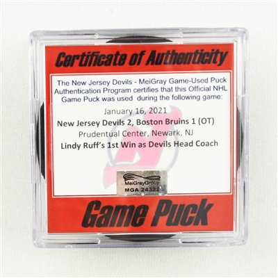 New Jersey Devils - Game Puck - (RARE Tracking Puck) Jan. 16, 2021 vs. Boston Bruins - Lindy Ruffs 1st Win as New Jersey Devils Head Coach