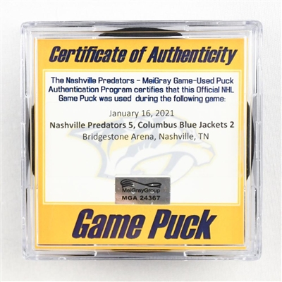 Nashville Predators - Game Puck - (Rare TRACKING PUCK) Jan. 16, 2021 vs. Blue Jackets (NHL Logo)