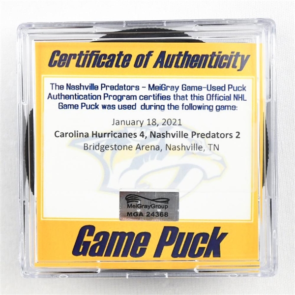 Nashville Predators - Game Puck - (Rare TRACKING PUCK) Jan. 18, 2021 vs. Hurricanes (NHL Logo)