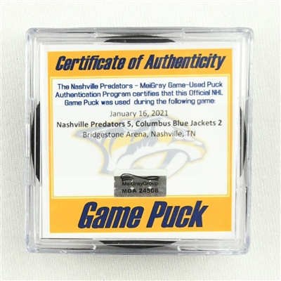 Nashville Predators - Game Puck - (Rare TRACKING PUCK) January 16, 2021 vs. Columbus Blue Jackets (NHL Logo)