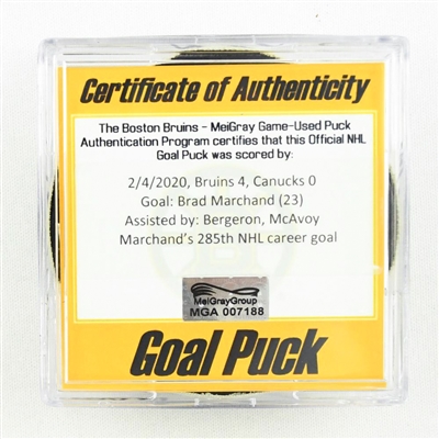 Brad Marchand - Bruins - Goal Puck - February 4, 2020 vs. Vancouver Canucks (Bruins Logo)