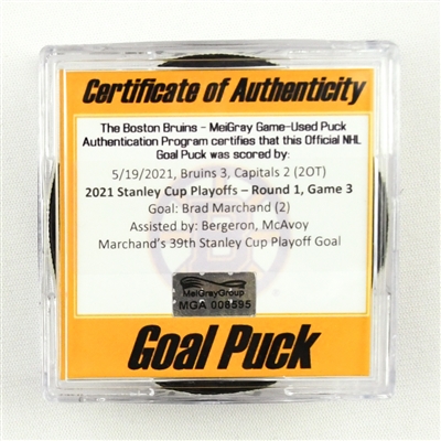 Brad Marchand - Bruins - Goal Puck - May 19, 2021 vs. Capitals (Bruins Logo) - 2021 Stanley Cup Playoffs, Round 1, Game 3