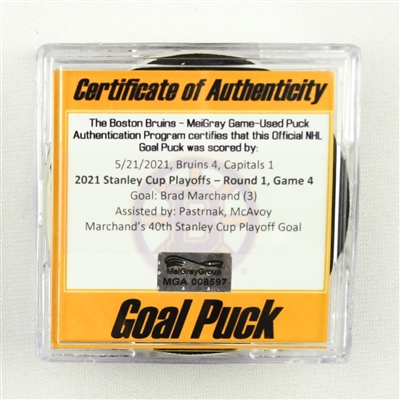 Brad Marchand - Bruins - Goal Puck - May 21, 2021 vs. Capitals (Bruins Logo) - 2021 Stanley Cup Playoffs, Round 1, Game 4