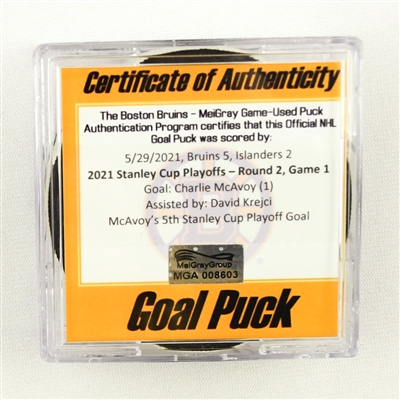 Charlie McAvoy - Bruins - Goal Puck - May 29, 2021 vs. Islanders (Bruins Logo) - 2021 Stanley Cup Playoffs, Round 2, Game 1