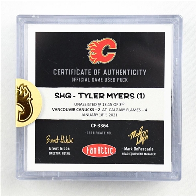 Tyler Myers - Canucks - Goal Puck - (Rare TRACKING PUCK) January 18, 2021 vs. Flames (NHL Logo)
