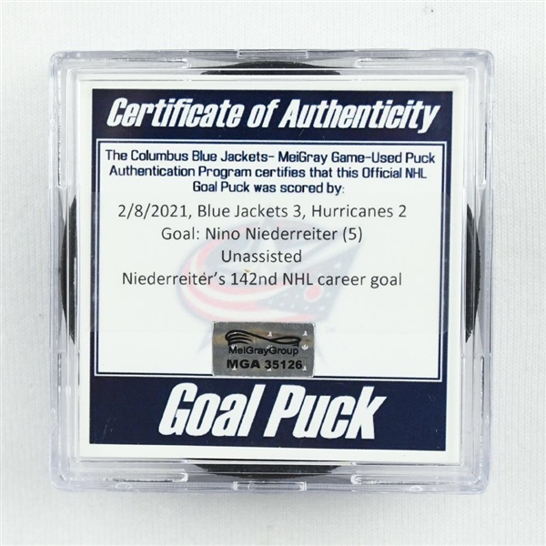 Nino Niederreiter - Carolina Hurricanes - Goal Puck - February 8, 2021 vs. Columbus Blue Jackets (Blue Jackets Logo)