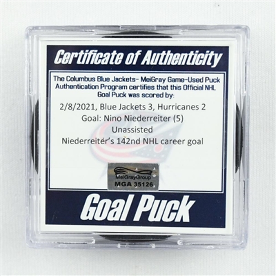 Nino Niederreiter - Carolina Hurricanes - Goal Puck - February 8, 2021 vs. Columbus Blue Jackets (Blue Jackets Logo)