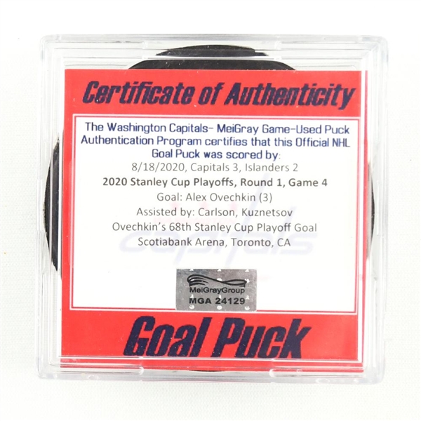 Alex Ovechkin - Capitals - Goal Puck - Aug. 18, 2020 vs. Islanders (Islanders Logo) - 2020 Stanley Cup Playoffs - Round 1, Game 4