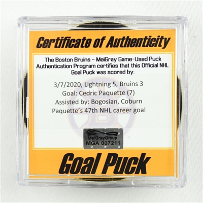 Cedric Paquette - Lightning - Goal Puck - March 7, 2020 vs.Boston Bruins (Bruins Logo)