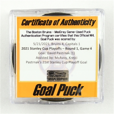 David Pastrnak - Bruins - Goal Puck - May 21, 2021 vs. Capitals (Bruins Logo) - 2021 Stanley Cup Playoffs, Round 1, Game 4