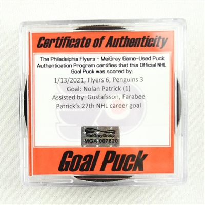 Nolan Patrick - Philadelphia Flyers- Goal Puck - (Rare TRACKING PUCK) January 13, 2021 vs. Pittsburgh Penguins (NHL Logo)