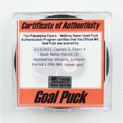 Nolan Patrick - Philadelphia Flyers - Goal Puck - March 13, 2021 vs. Washington Capitals (Flyers Logo)