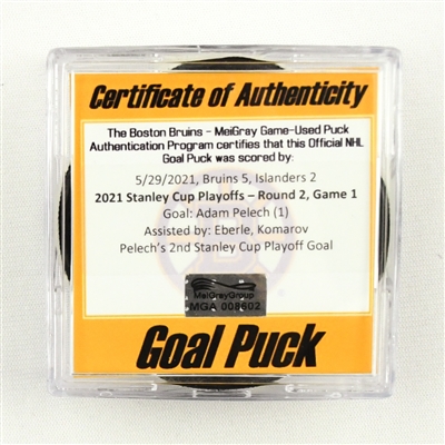 Adam Pelech - Islanders - Goal Puck - May 29, 2021 vs. Bruins (Bruins Logo) - 2021 Stanley Cup Playoffs, Round 2, Game 1