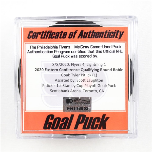 Tyler Pitlick - Flyers - Goal Puck - August 8, 2020 vs. Tampa Bay Lightning (Lightning Logo) - 2020 Eastern Conference Qualifying Round Robin