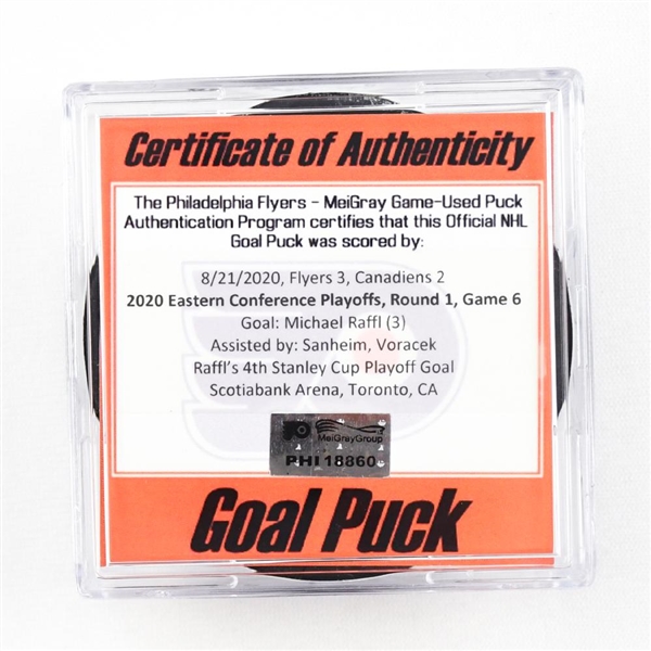 Michael Raffl - Flyers - Goal Puck - Aug. 21, 2020 vs. Canadiens (Canadiens Logo) - 2020 Stanley Cup Playoffs - Round 1, Game 6