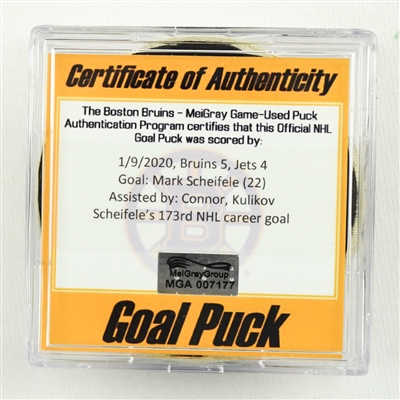 Mark Scheifele - Jets - Goal Puck - January 9, 2020 vs. Boston Bruins (Bruins Logo)